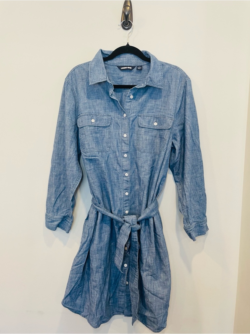 Lands' End Light Blue Chambray Tie-Waist Shirt Dress
